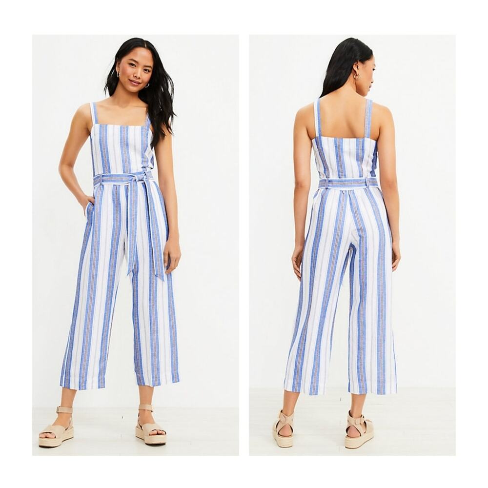 Loft Striped Square Neck Linen Blend Jumpsuit size 6